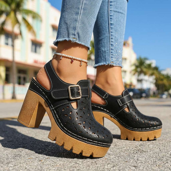 Women's Platform Cutout Block Heel Clogs – Floral Perforated