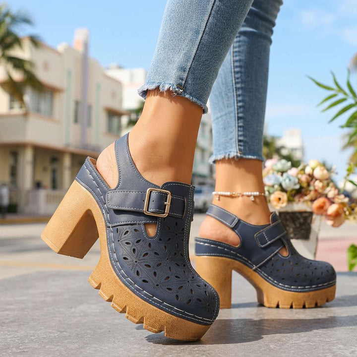 Women's Platform Cutout Block Heel Clogs – Floral Perforated