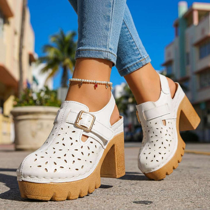 Women's Platform Cutout Block Heel Clogs – Floral Perforated