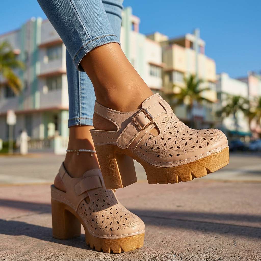 Women's Platform Cutout Block Heel Clogs – Floral Perforated