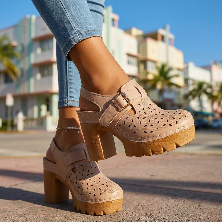 Women's Platform Cutout Block Heel Clogs – Floral Perforated