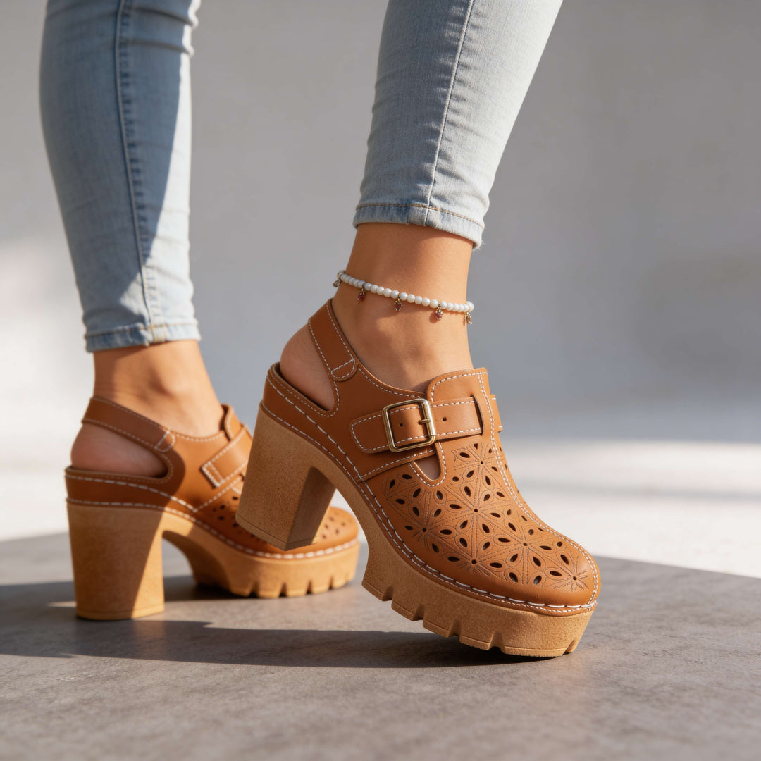 Women's Platform Cutout Block Heel Clogs – Floral Perforated