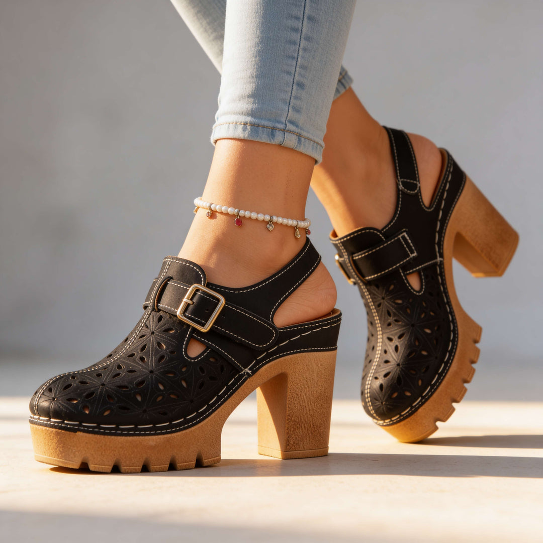 Women's Platform Cutout Block Heel Clogs – Floral Perforated