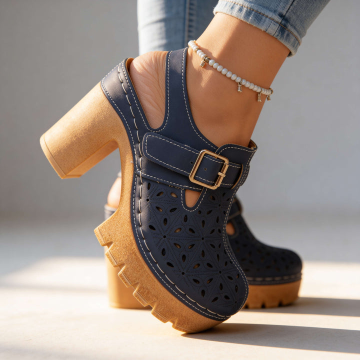 Women's Platform Cutout Block Heel Clogs – Floral Perforated
