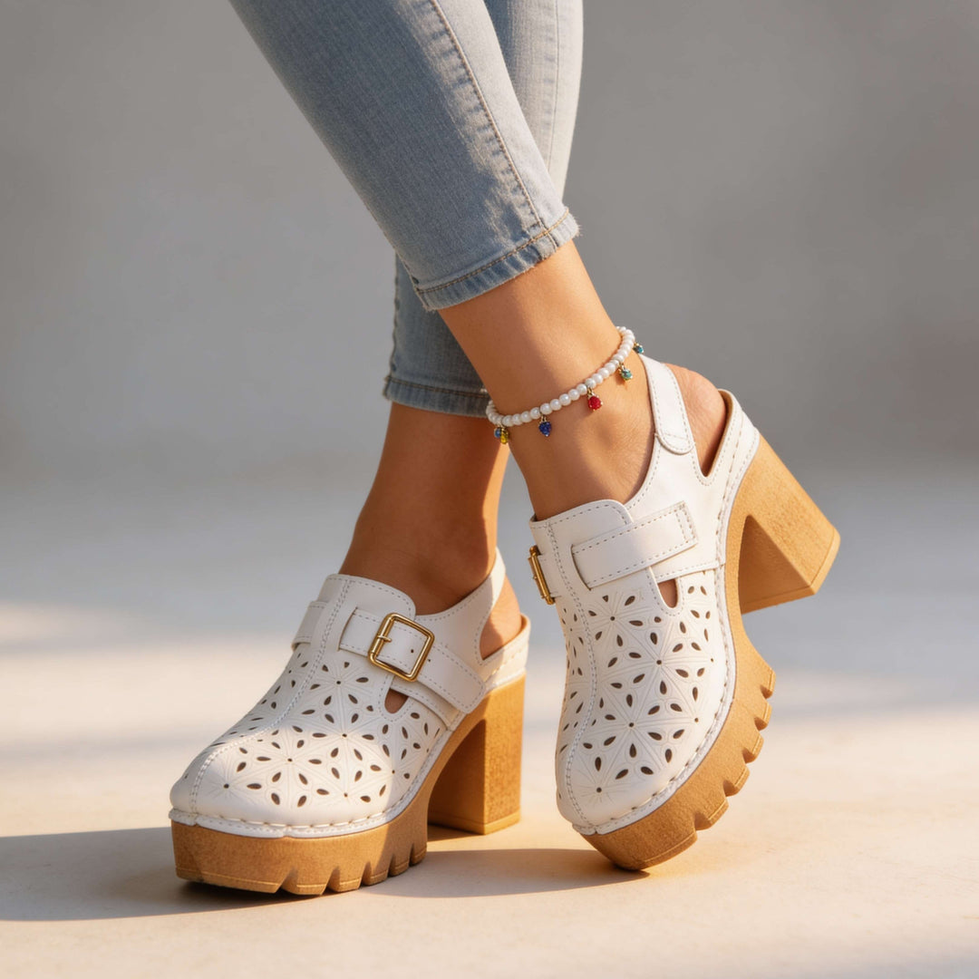 Women's Platform Cutout Block Heel Clogs – Floral Perforated