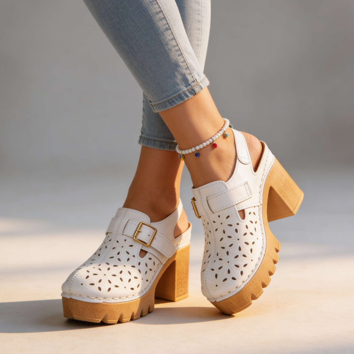 Women's Platform Cutout Block Heel Clogs – Floral Perforated