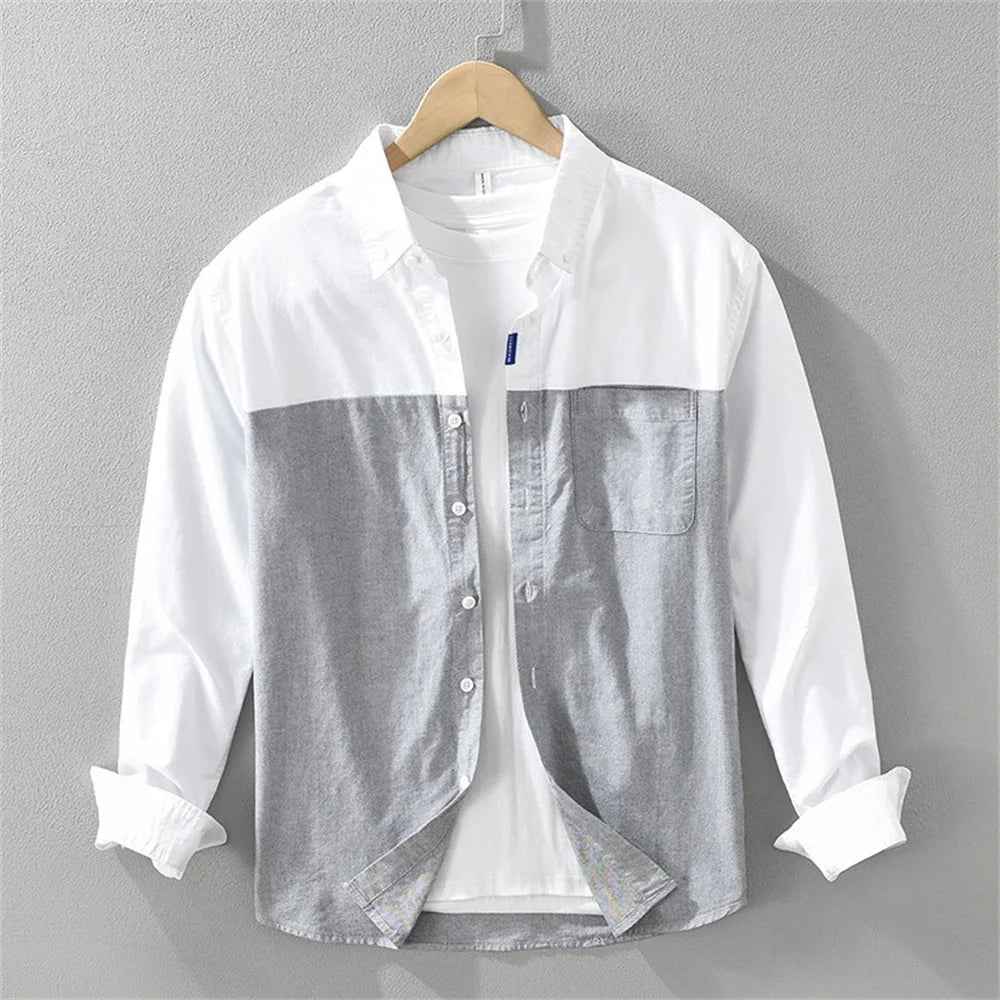 Men's Long Sleeve Button-Up Two-Tone Shirt with Chest Pocket