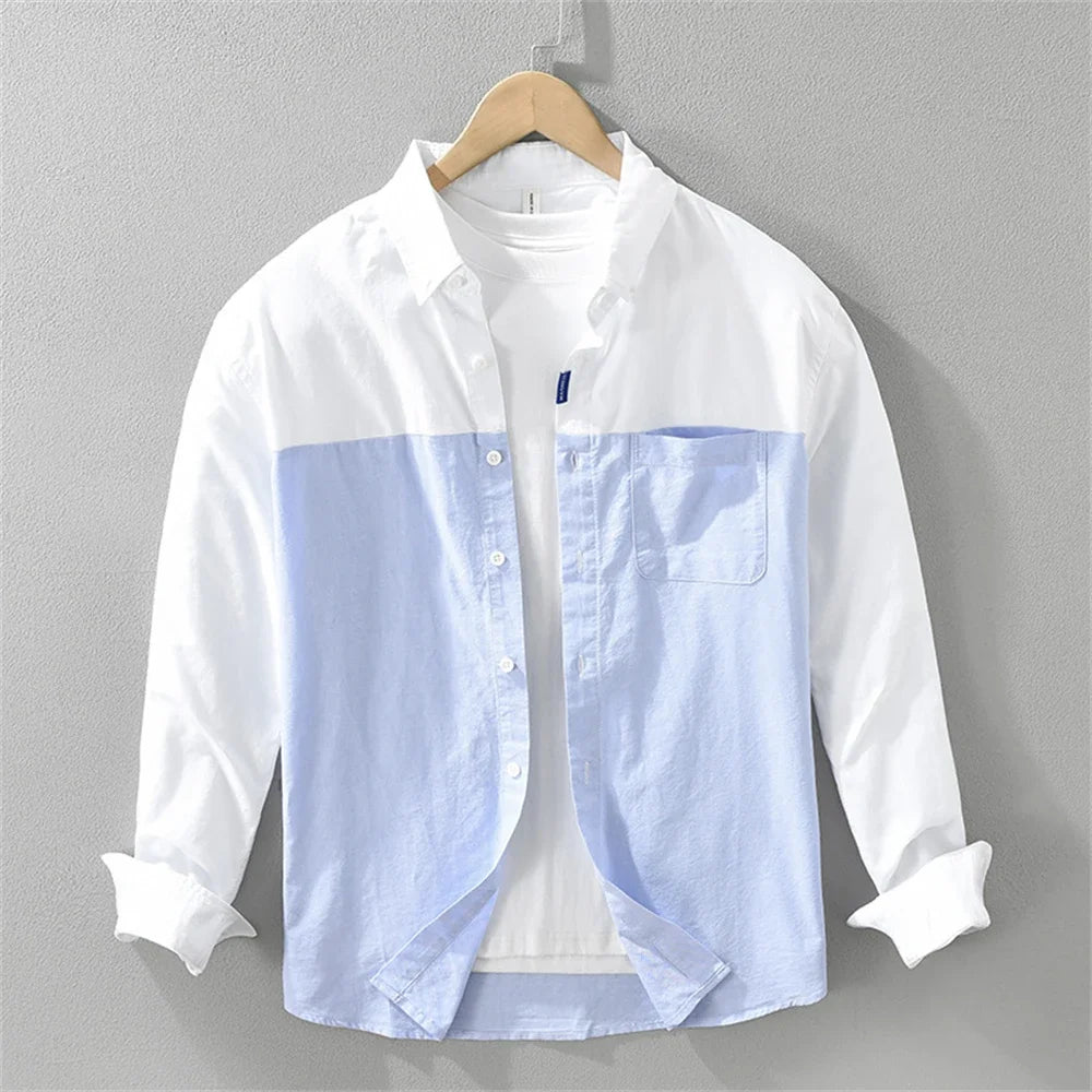 Men's Long Sleeve Button-Up Two-Tone Shirt with Chest Pocket