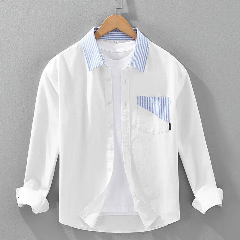 Men's Button-Up Shirt – Striped Collar, Chest Pocket & Straight Fit