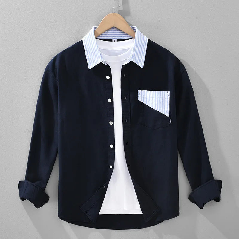 Men's Button-Up Shirt – Striped Collar, Chest Pocket & Straight Fit