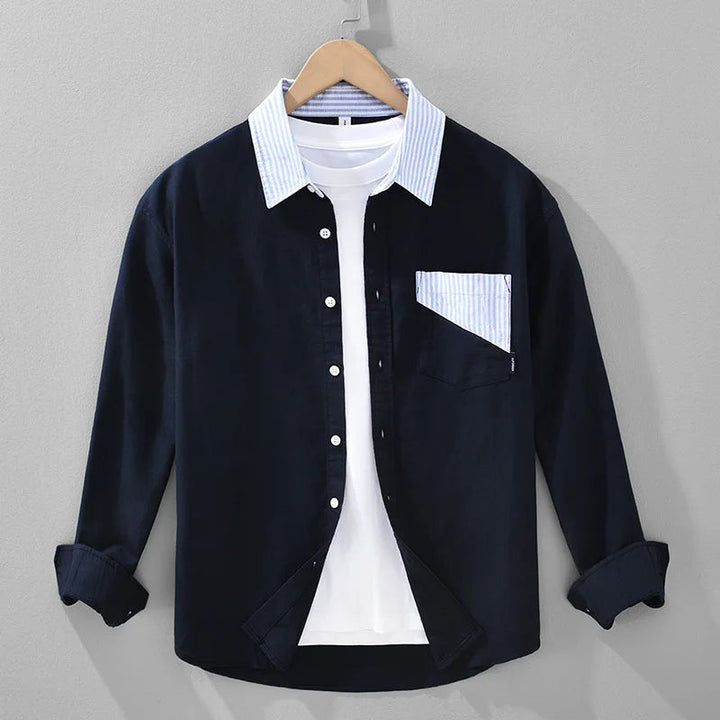 Men's Button-Up Shirt – Striped Collar, Chest Pocket & Straight Fit