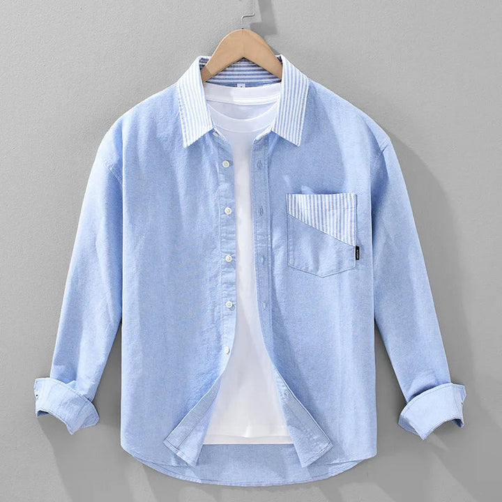 Men's Button-Up Shirt – Striped Collar, Chest Pocket & Straight Fit