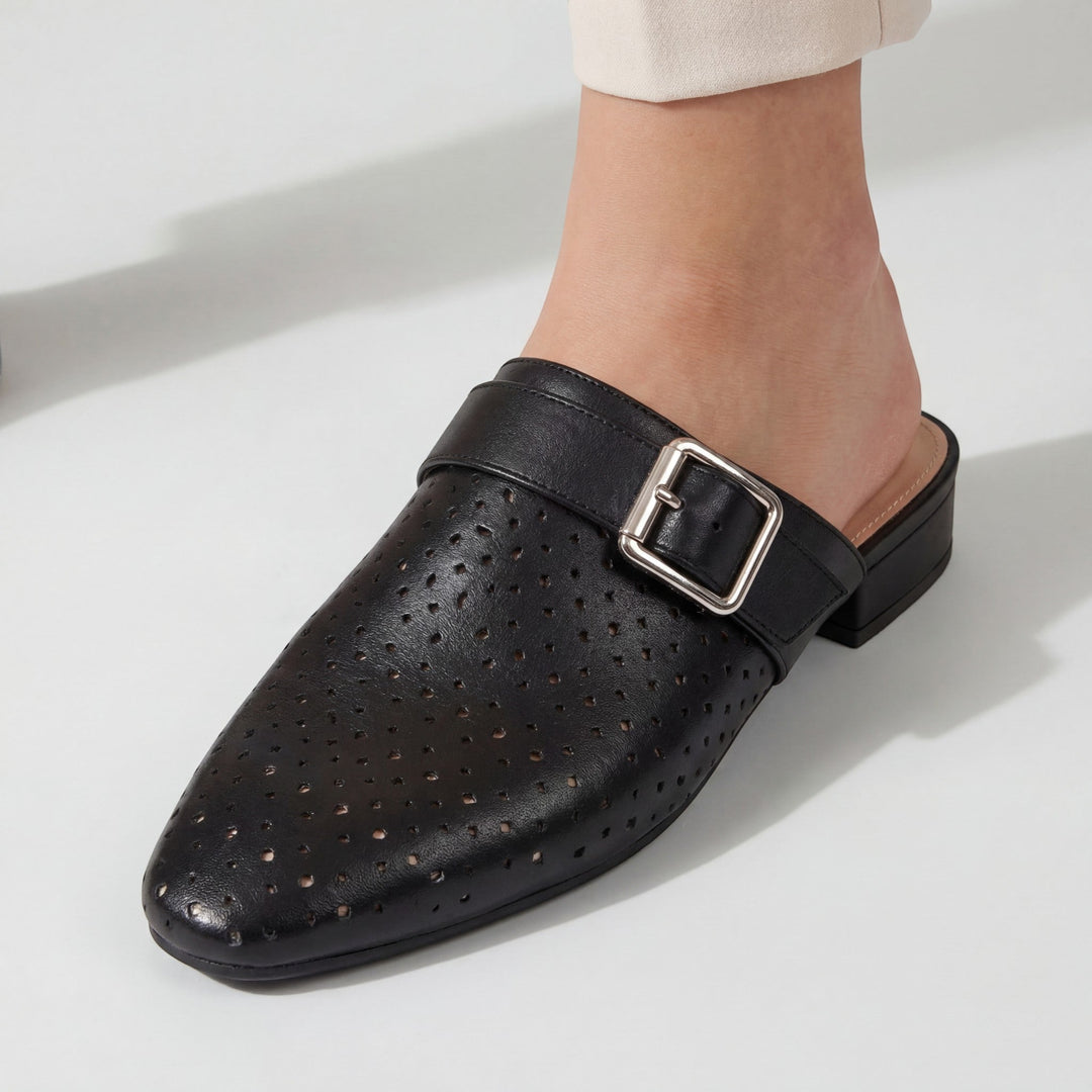 Women's Leather Mules Closed Toe – Single Buckle Strap Rubber Sole