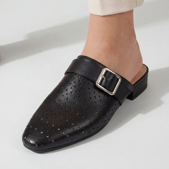 Women's Leather Mules Closed Toe – Single Buckle Strap Rubber Sole
