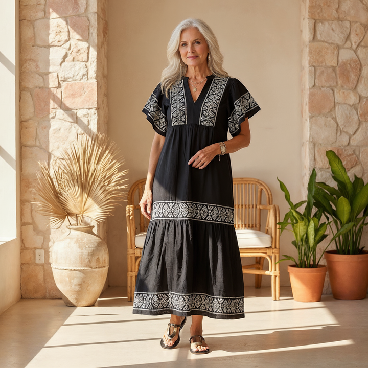 Women's Boho V-Neck Midi Dress Short Sleeve – Flowing Intricate Pattern