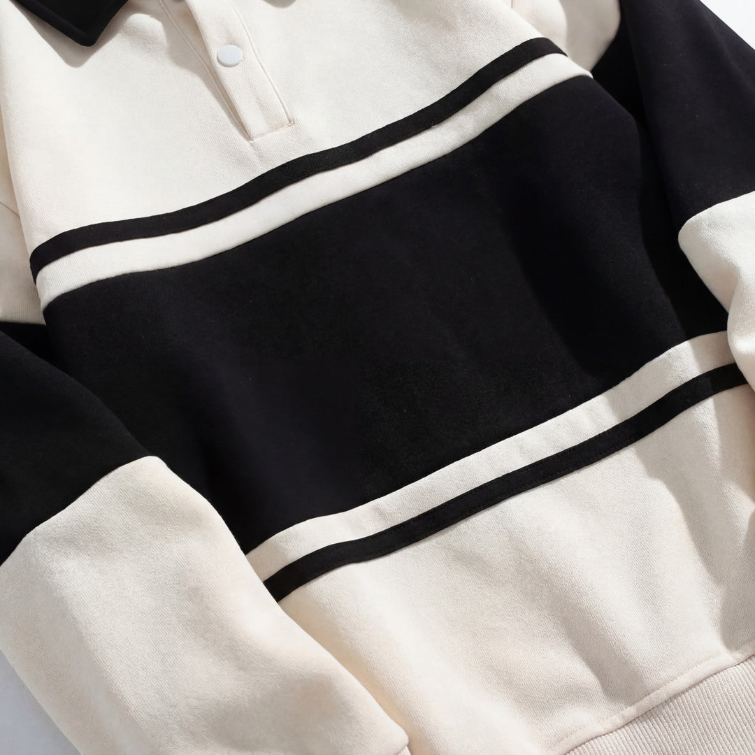 Men's Cotton Blend Sweatshirt – Polo Collar Contrast Panels Relaxed Fit