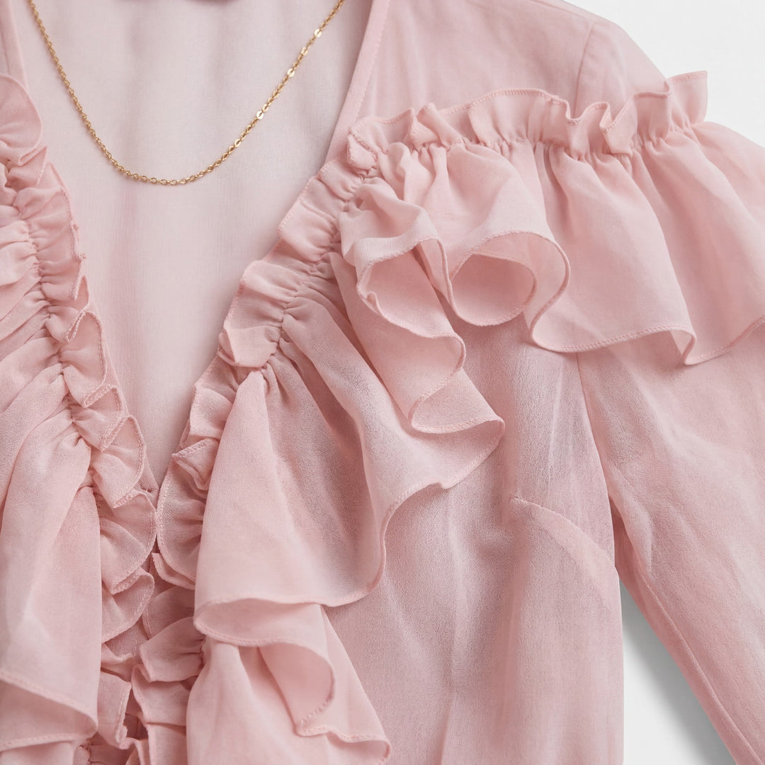 Women's Chiffon V-Neck Blouse – Ruffle Collar Long Sleeve Relaxed