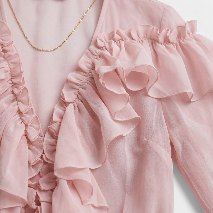 Women's Chiffon V-Neck Blouse – Ruffle Collar Long Sleeve Relaxed