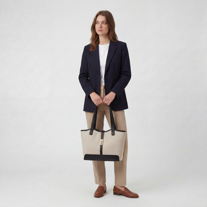 Women's Structured Canvas Tote Bag Large Capacity – Zip Double Handles