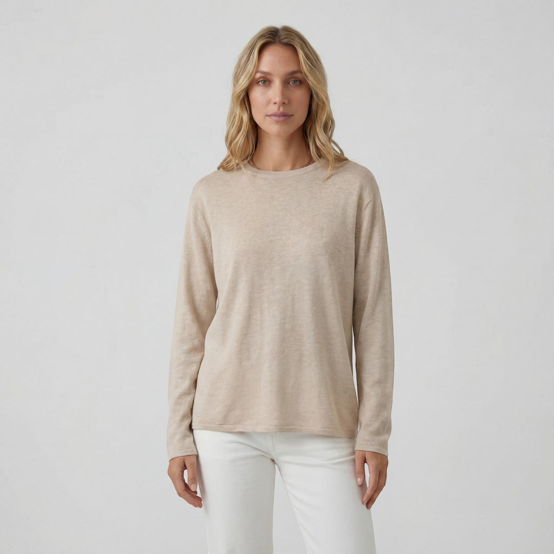 Women's Soft Knit Crew Neck Sweater – Relaxed Linen-Inspired Texture