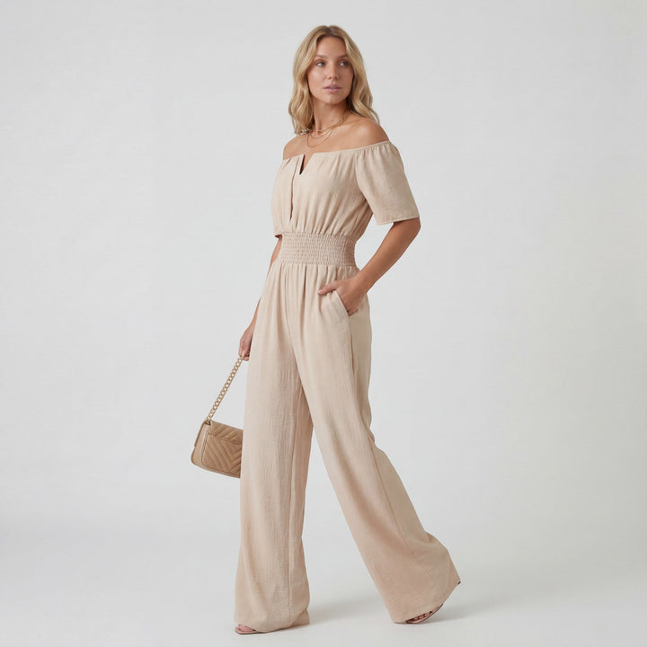 Women's Woven Jumpsuit Off Shoulder – Wide Leg Relaxed Lightweight