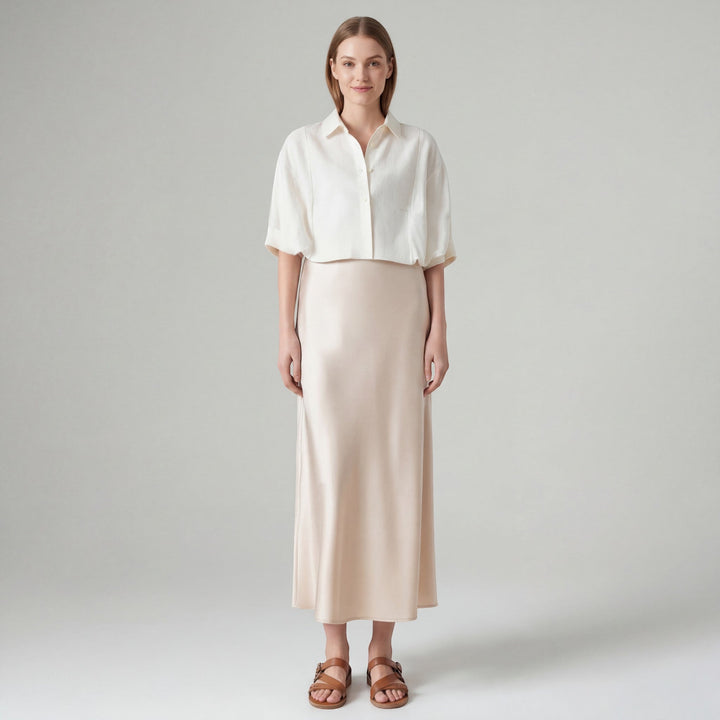 Women's Satin High-Waist Midi Skirt – Fitted Silhouette Fluid Drape