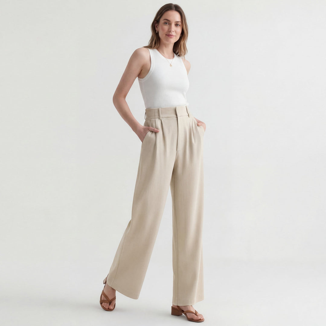 Women's Cotton Wide Leg Pants – Structured Waist Ankle Length Relaxed