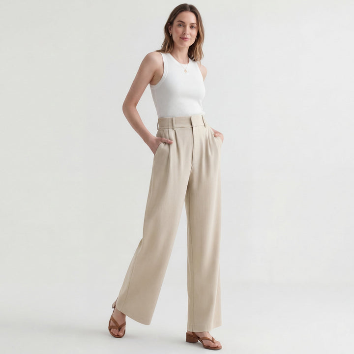 Women's Cotton Wide Leg Pants – Structured Waist Ankle Length Relaxed