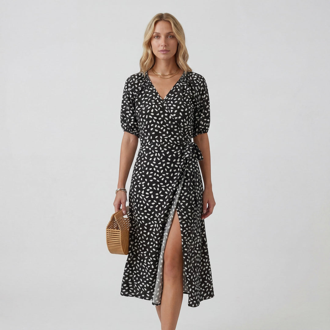 Women's Lightweight Fabric Midi Dress V-Neck – A-Line Short Sleeve Slit
