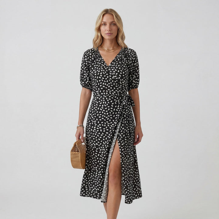 Women's Lightweight Fabric Midi Dress V-Neck – A-Line Short Sleeve Slit