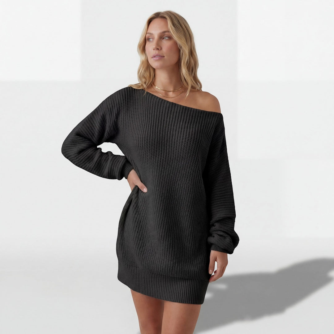 Women's Textured Knit Mini Sweater Dress – Off-Shoulder Lantern