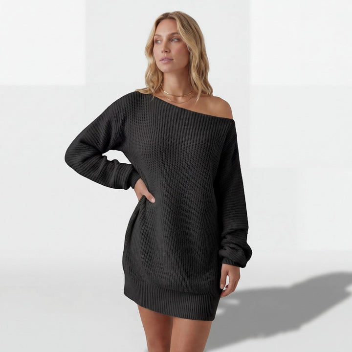 Women's Textured Knit Mini Sweater Dress – Off-Shoulder Lantern