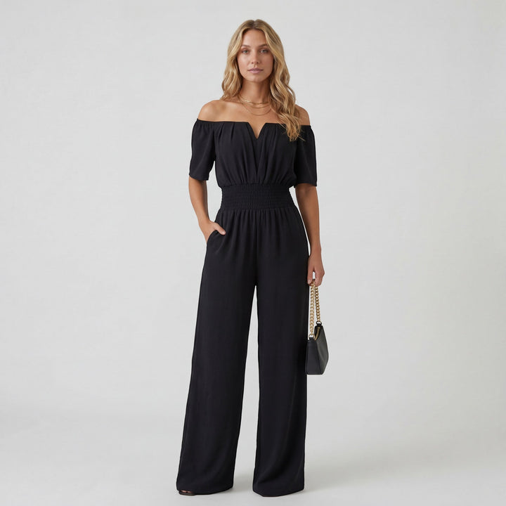 Women's Woven Jumpsuit Off Shoulder – Wide Leg Relaxed Lightweight