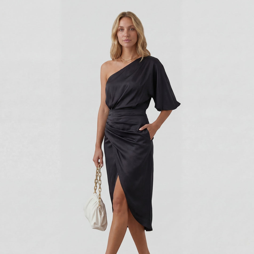 Women's Cotton Blend Midi Dress One Shoulder – Slim Fit Side Slit