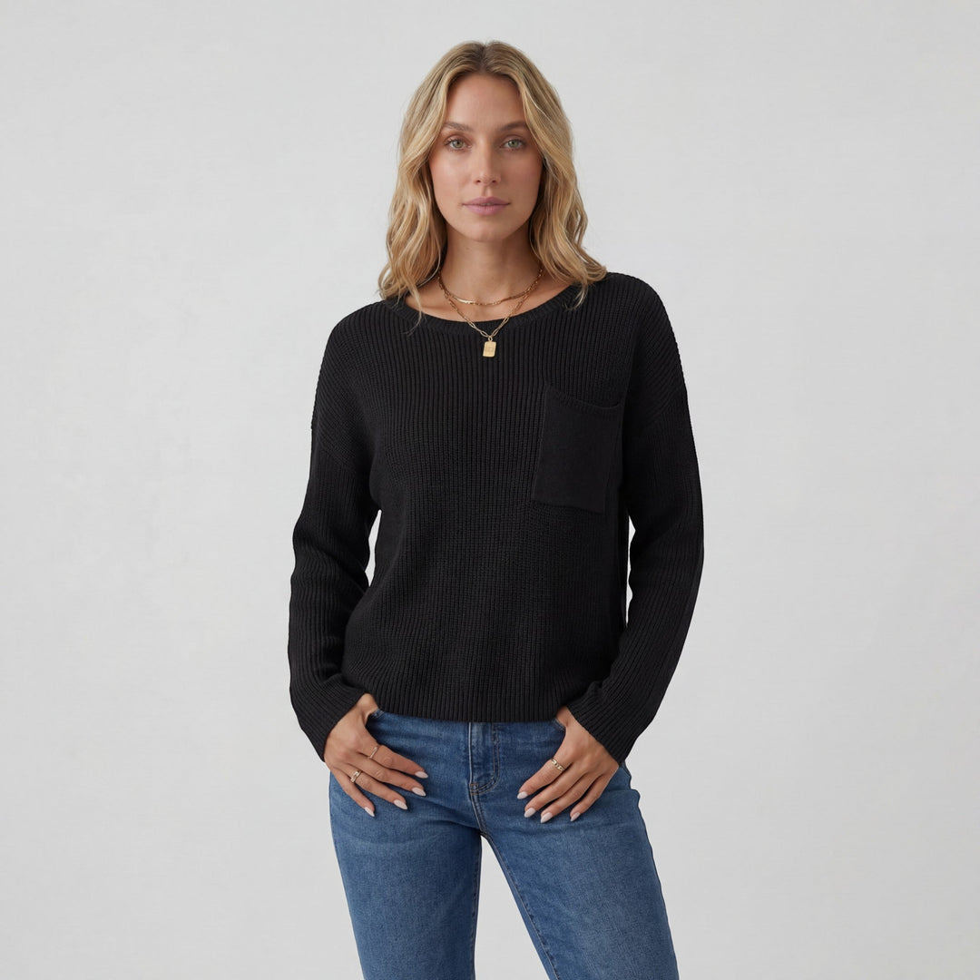 Women's Knit Sweater – Ribbed Knit Crew Neck Relaxed Fit Chest Pocket