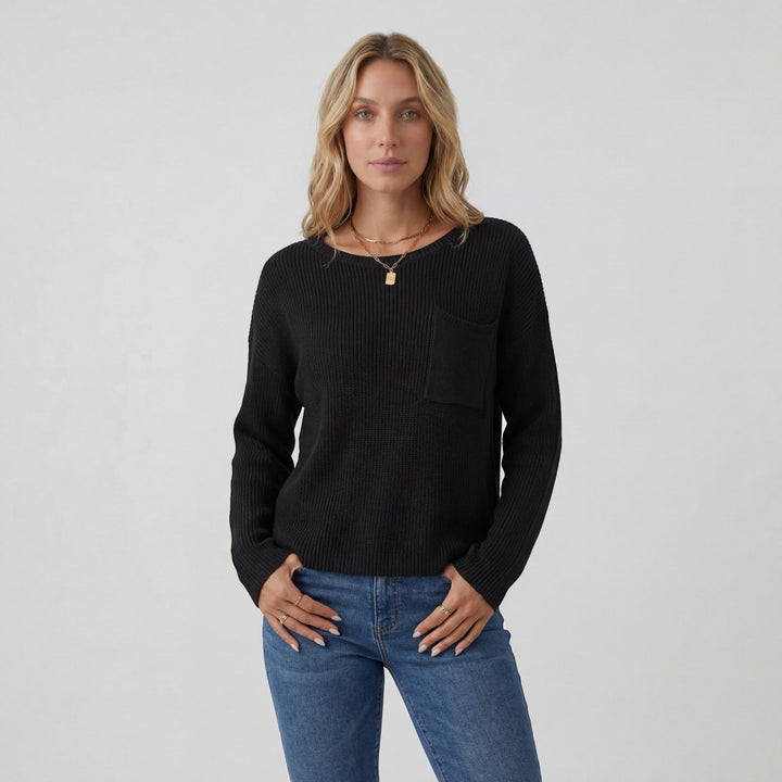 Women's Knit Sweater – Ribbed Knit Crew Neck Relaxed Fit Chest Pocket