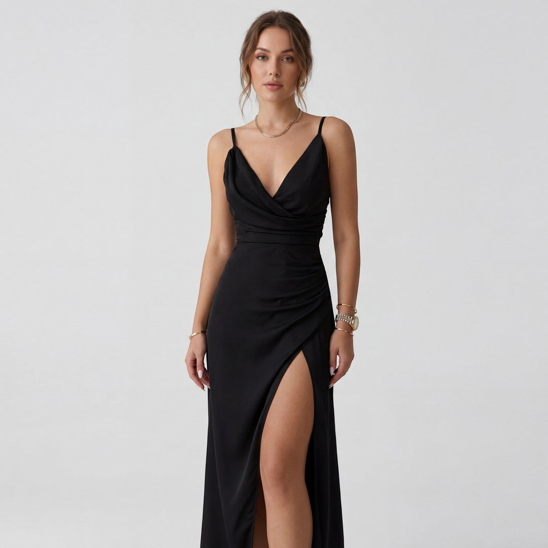Women's V-Neck Slip Dress Silky Fabric Slim Fit – Side Slit Spaghetti Strap