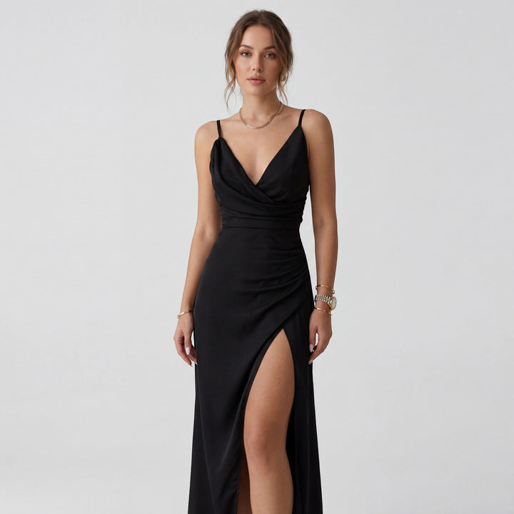 Women's V-Neck Slip Dress Silky Fabric Slim Fit – Side Slit Spaghetti Strap