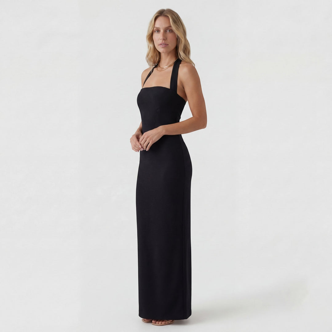 Women's Stretch Knit Maxi Dress – Halter Neck Bodycon with Open Back