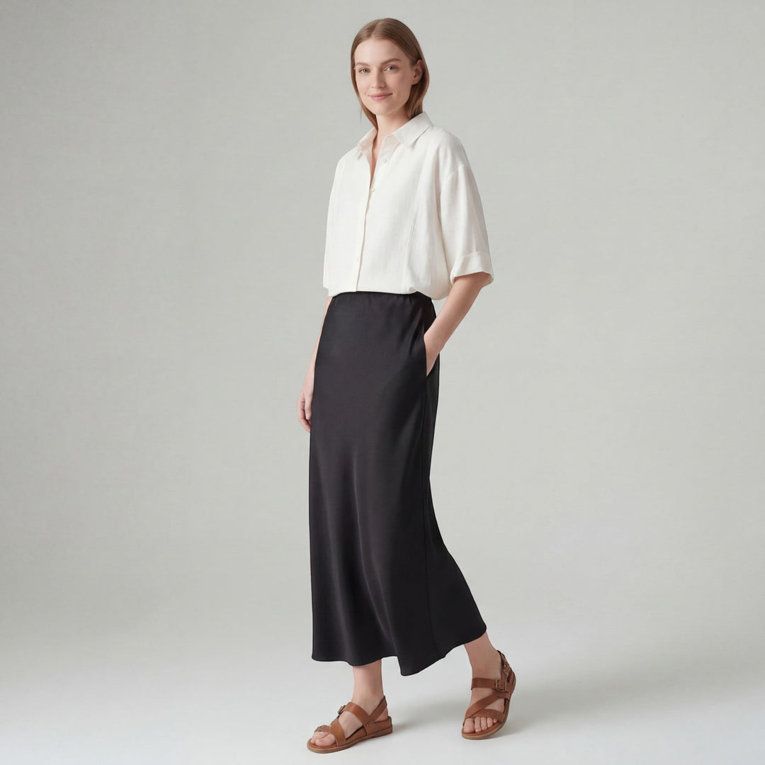 Women's Satin High-Waist Midi Skirt – Fitted Silhouette Fluid Drape