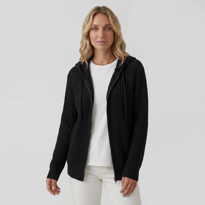 Women's Ribbed Knit Zip-Up Hoodie Cardigan – Oversized Full-Zip Style
