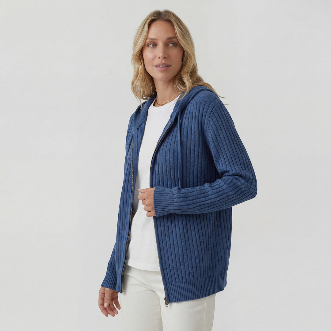 Women's Ribbed Knit Zip-Up Hoodie Cardigan – Oversized Full-Zip Style