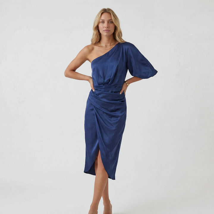 Women's Cotton Blend Midi Dress One Shoulder – Slim Fit Side Slit