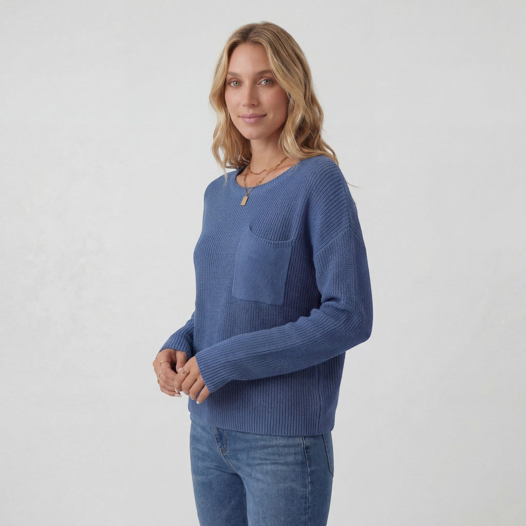 Women's Knit Sweater – Ribbed Knit Crew Neck Relaxed Fit Chest Pocket