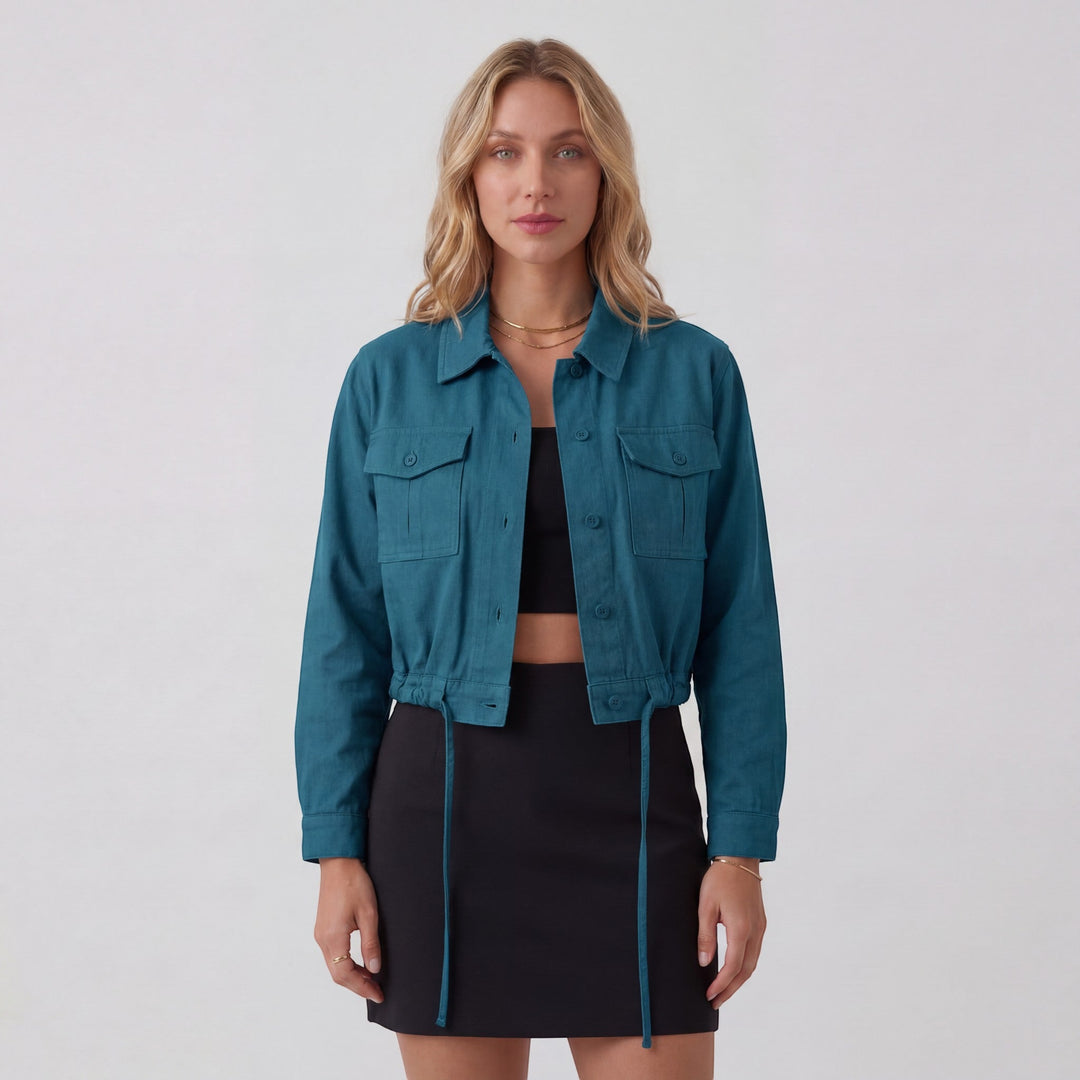 Women's Cotton Blend Cropped Jacket – Button Front Relaxed Fit Lightweight
