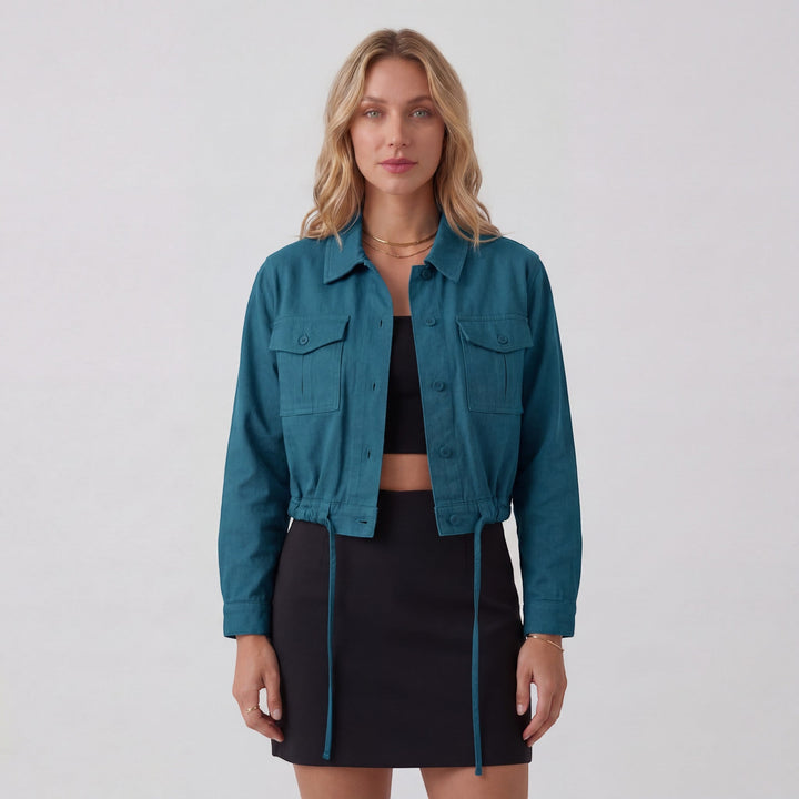 Women's Cotton Blend Cropped Jacket – Button Front Relaxed Fit Lightweight