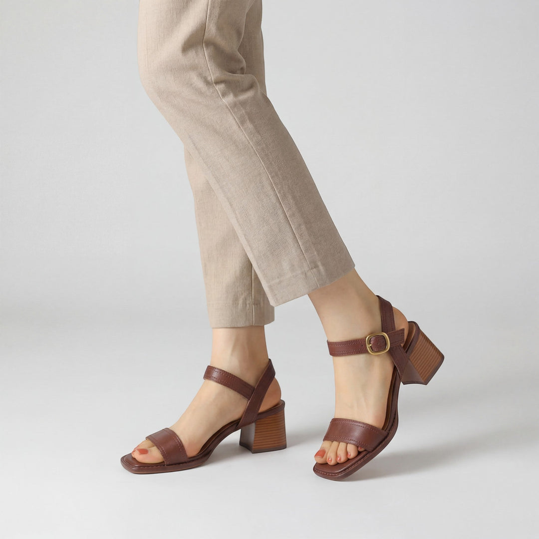 Women's Smooth Leather Heeled Sandals – Square Toe Adjustable Strap