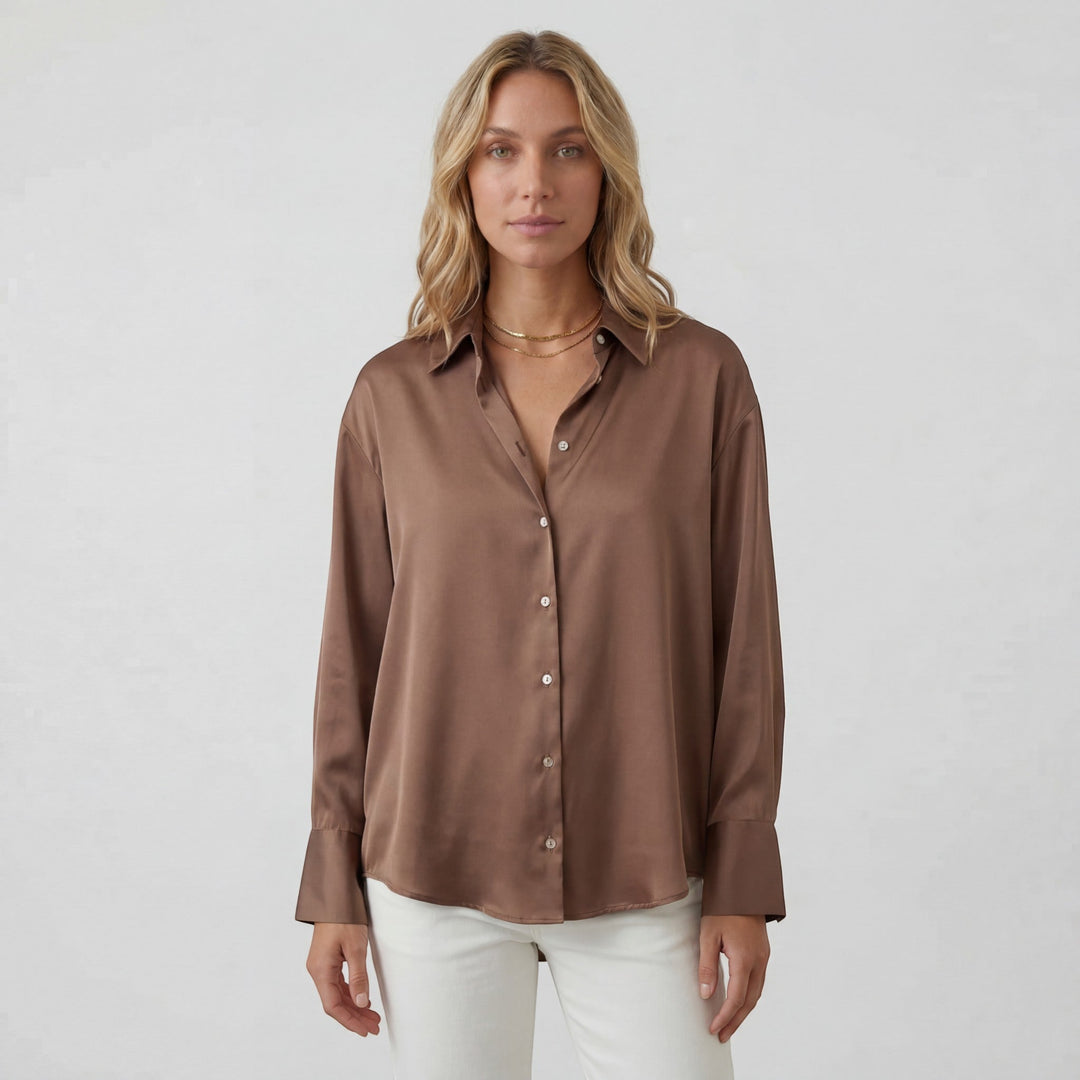 Women's Satin Long Sleeve Draped Blouse – Relaxed Fit Fluid Silhouette