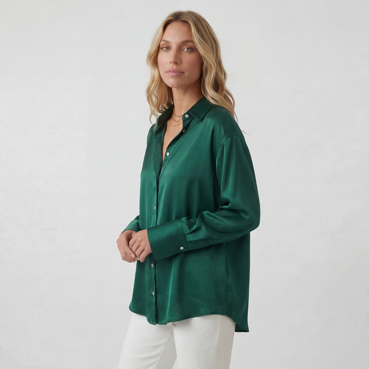 Women's Satin Long Sleeve Draped Blouse – Relaxed Fit Fluid Silhouette
