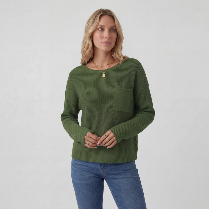 Women's Knit Sweater – Ribbed Knit Crew Neck Relaxed Fit Chest Pocket